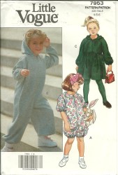 7953 VOGUE SO EZ KIDS ZIPPY JUMPSUIT, SHORT OR LONG SLEEVE DRESS, HOOD  PATTERN 4-6